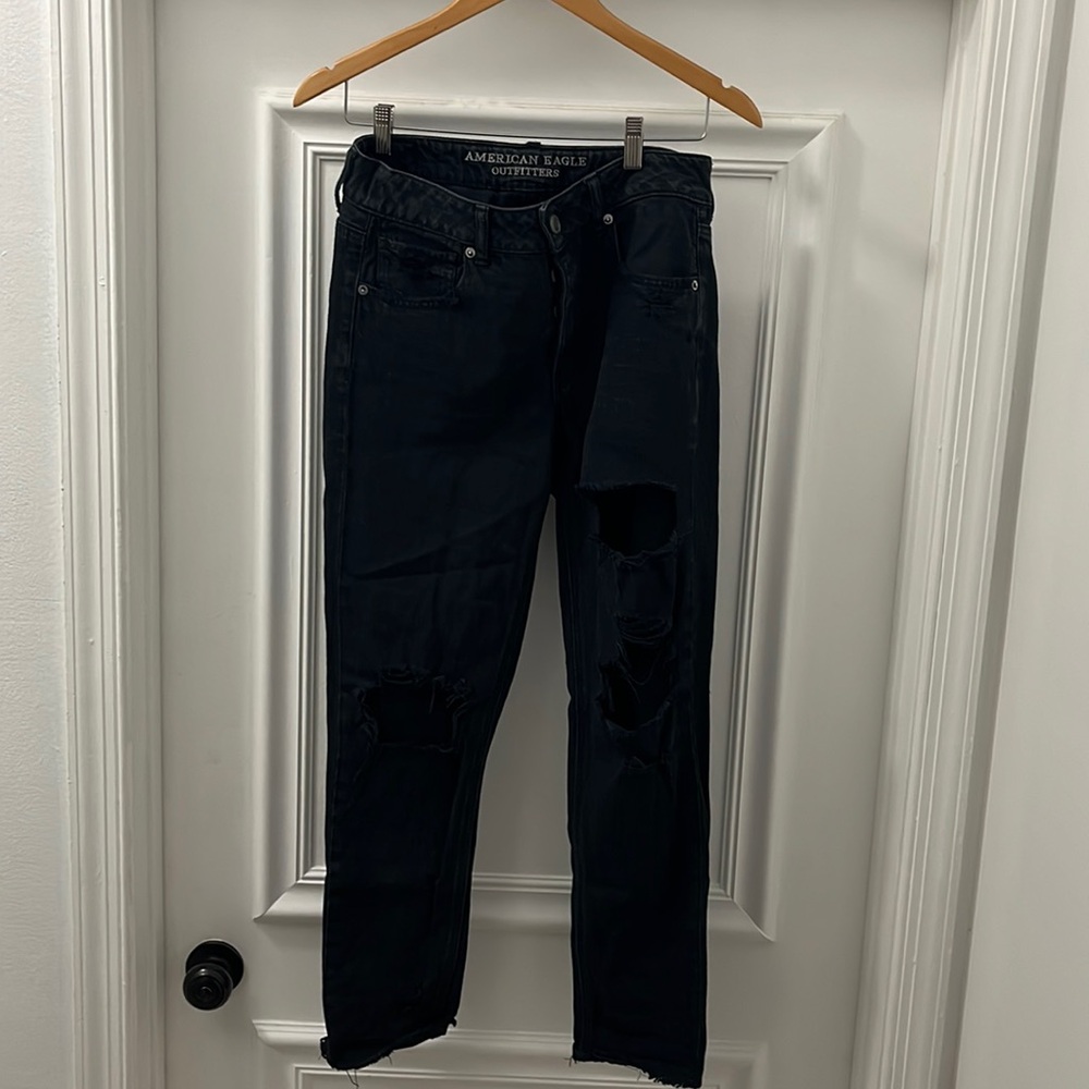 American Eagle outfitters, Black TomGirl ripped jeans - frayed bottom - size 2R